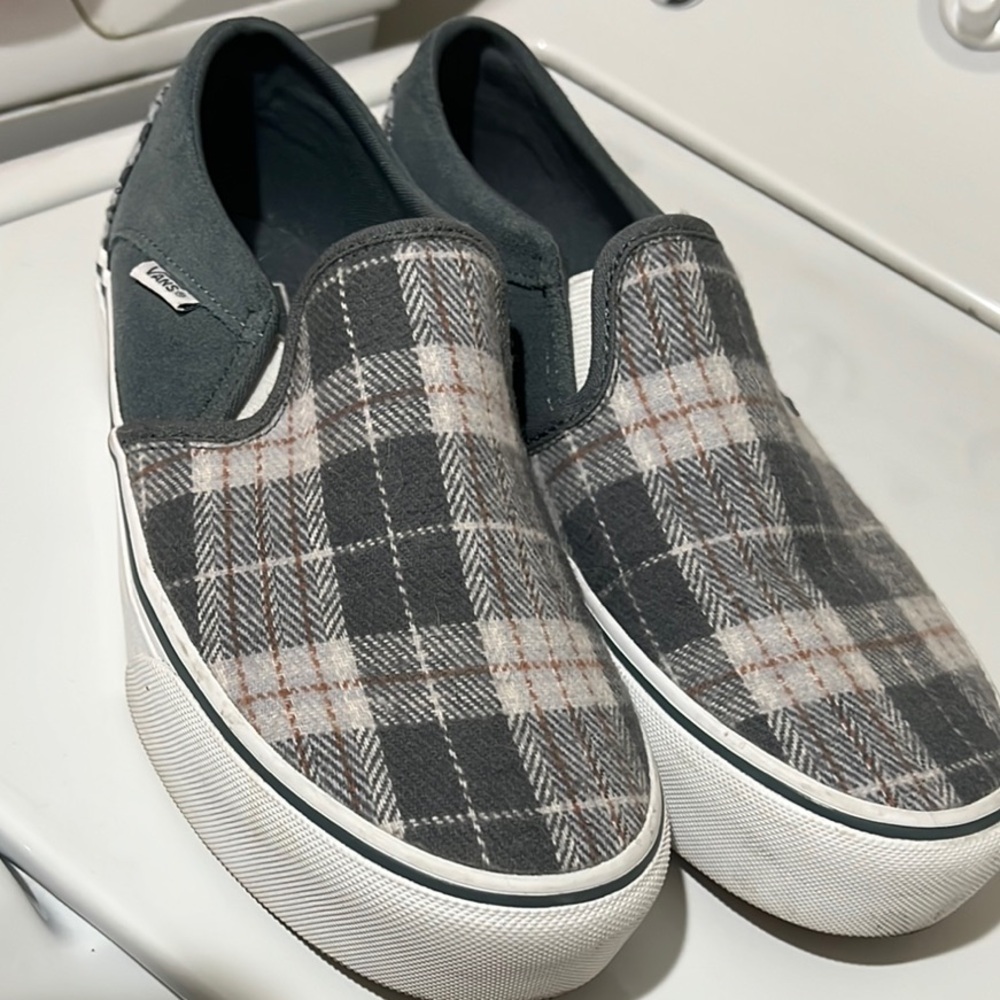 Vans Gray Plaid Platform Slip-On Shoes